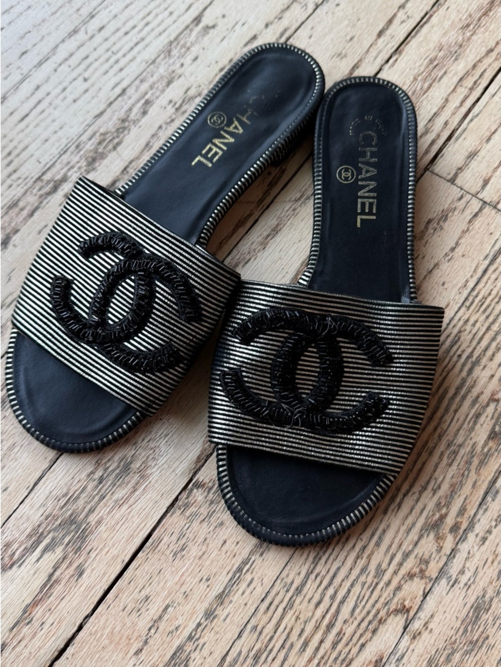 CHANEL Black & Metallic Stripe CC Slide Sandals